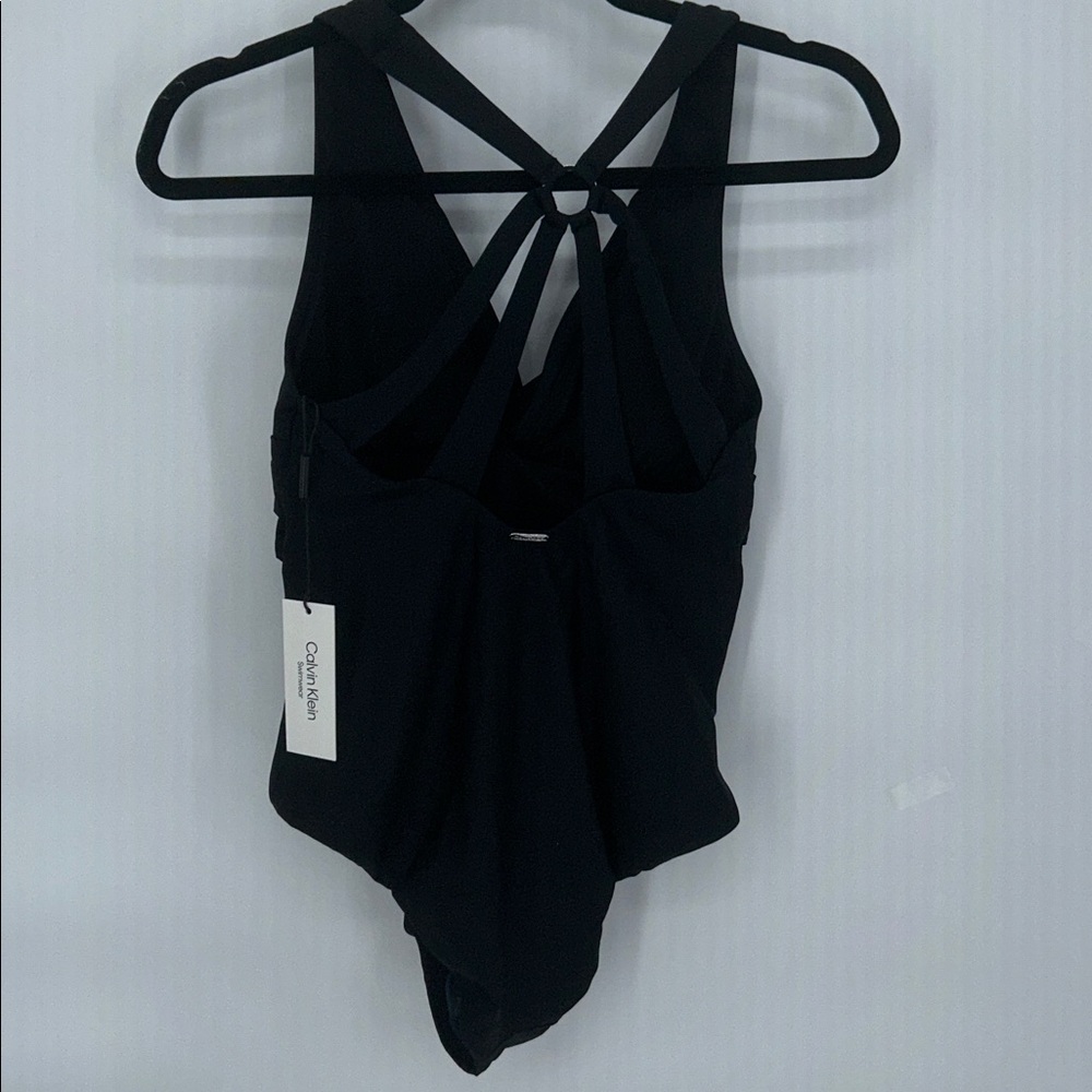 Calvin Klein Black Ruched One Piece Swimsuit Criss Cross Back Size 10 Women - Picture 4 of 5